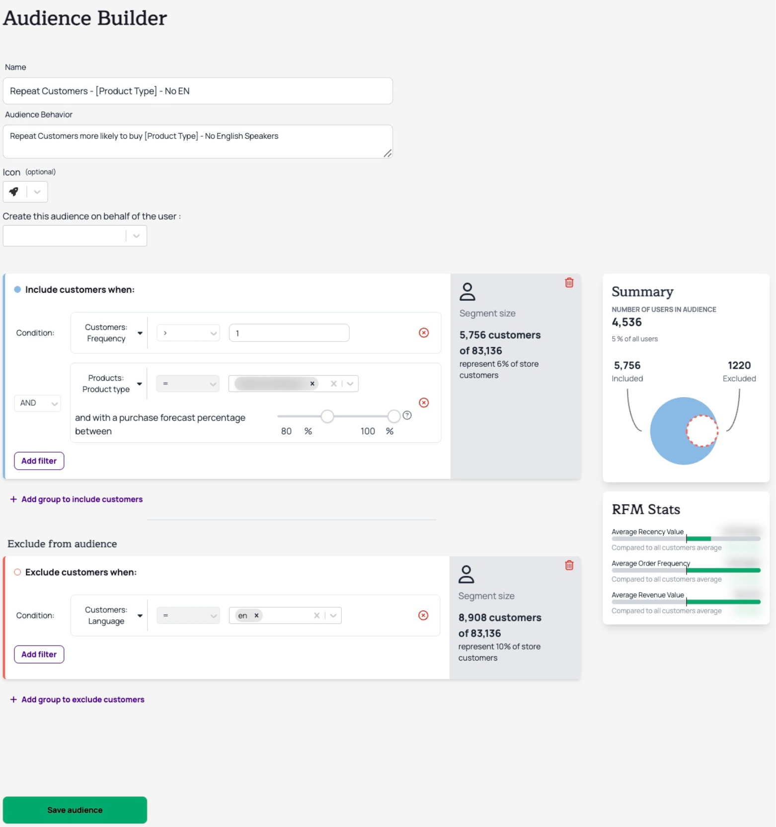 Interface du constructeur d’audience de Kuma pour Shopify, montrant des filtres de segmentation avancés combinant fréquence d’achat, type de produit et données prédictives, avec exclusion des clients anglophones. Aperçu du segment, statistiques RFM et résumé visuel du public ciblé