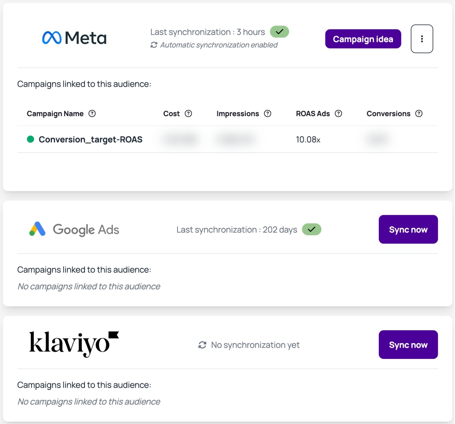 Interface d’export automatisé d’audiences Shopify vers Meta Ads, Google Ads et Klaviyo, affichant les statuts de synchronisation, les campagnes actives, et les options de synchronisation.