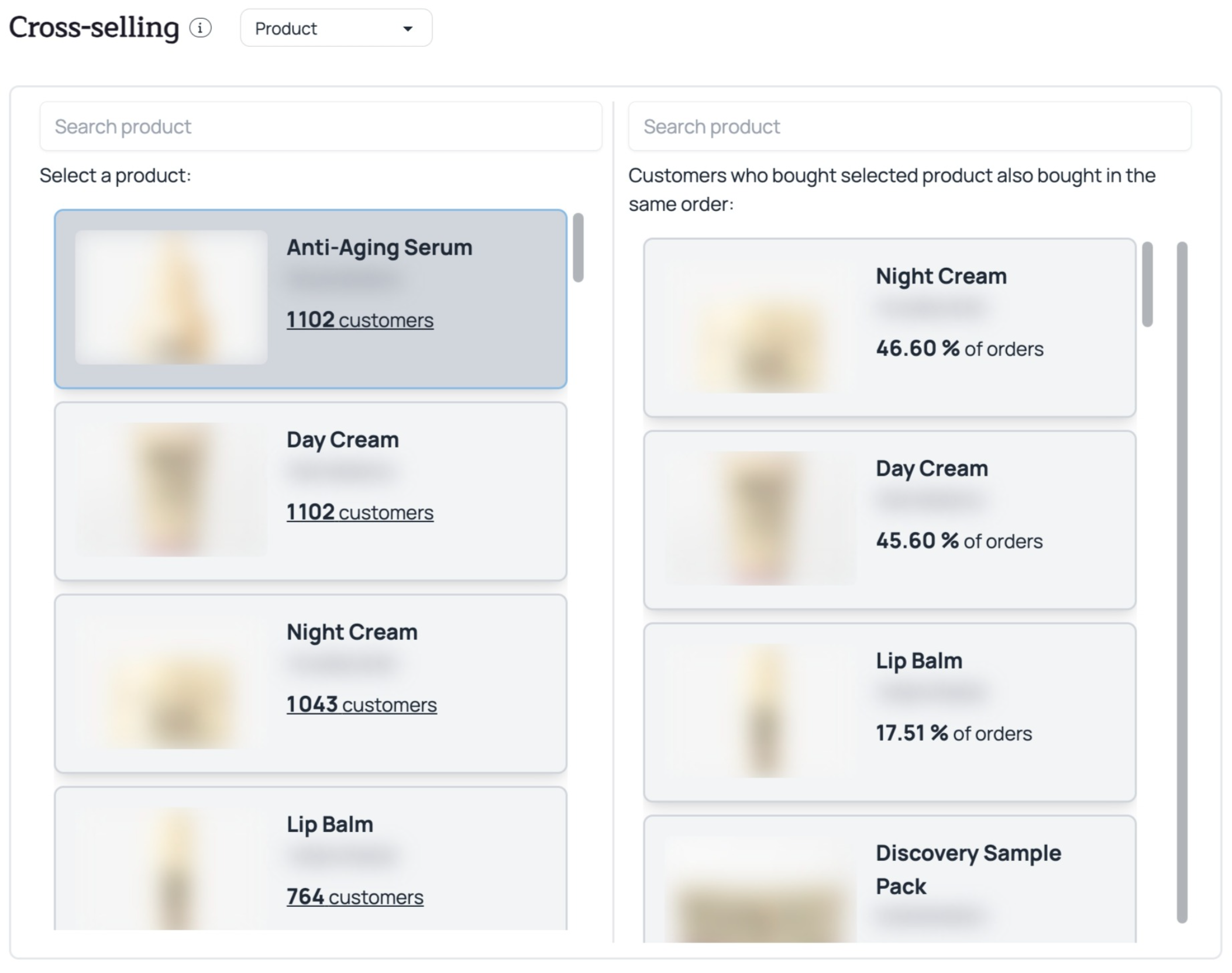 Interface d’analyse de cross-selling dans Kuma : sélection d’un produit et affichage des articles fréquemment achetés ensemble dans la même commande. Données basées sur les comportements d’achat des clients Shopify.