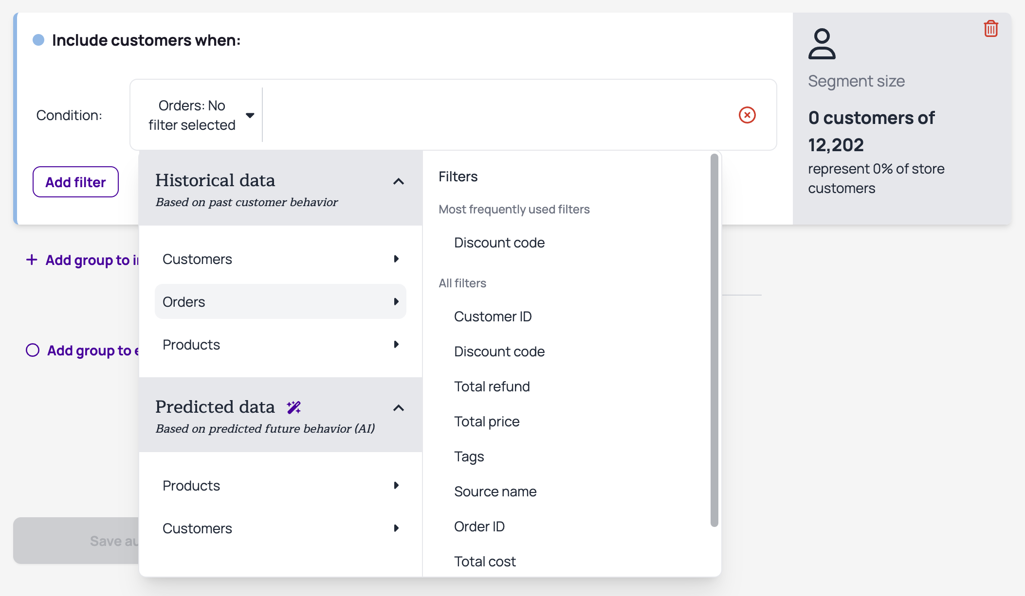 Interface de sélection des filtres dans le constructeur d’audience Shopify de Kuma, affichant les options de segmentation basées sur les données historiques (commandes, clients, produits) et prédictives générées par l’IA.