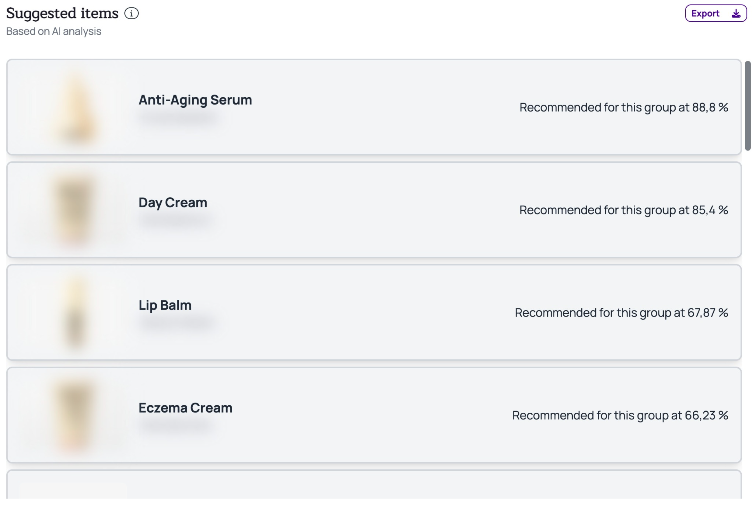Capture d’écran des recommandations produits de Kuma, basées sur l’analyse IA du comportement d’achat Shopify. Produits suggérés avec pourcentages