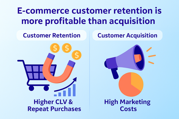 Infographie illustrant que la fidélisation en e-commerce est plus rentable que l'acquisition, avec un panier, un aimant attirant les clients récurrents, un mégaphone indiquant des coûts marketing élevés, et des graphiques montrant une augmentation du CLV et des achats répétés.