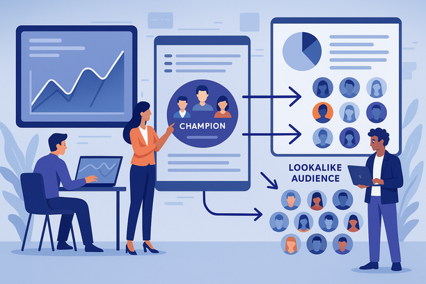A modern marketing team analyzing data on large screens, highlighting a group of 'champion' customers at the center. Arrows connect these champions to a diverse group of potential new customers, representing the creation of a lookalike audience. The setting is sleek, digital, and dynamic, emphasizing smart targeting and data-driven growth.