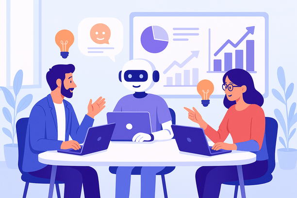 A modern marketing team collaborating with an AI chatbot assistant on laptops, brainstorming campaign ideas and analyzing data visualizations together. The scene conveys innovation, digital tools, and seamless human-AI partnership in a bright, professional workspace.