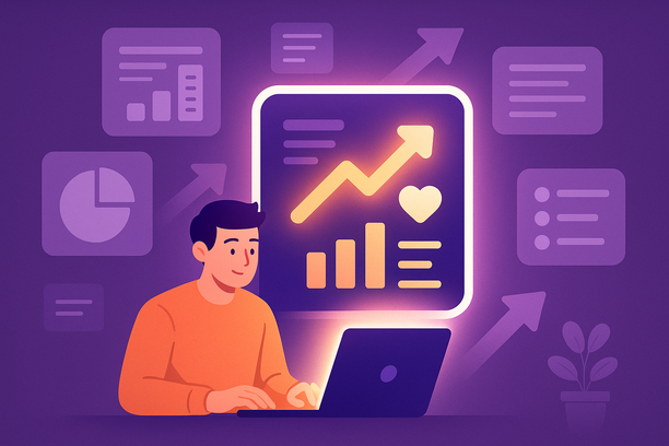 Une marketeuse moderne entourée d’icônes de données, de graphiques, d’historiques d’achat et de journaux d’engagement qui se transforment en un tableau de bord unifié et lumineux faisant ressortir des insights business exploitables. La scène évoque de la clarté qui naît du chaos, avec des flèches pointant vers les métriques de croissance et de rétention.