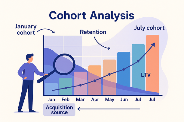 Un tableau de bord d’analyse de cohortes affichant des segments clients groupés dans le temps. Des lignes ou barres montrent les différences de rétention et de LTV entre cohortes (par ex. janvier vs juillet), avec des annotations liant les sources d’acquisition aux résultats. Les marketeurs analysent ces schémas pour dégager des tendances actionnables et optimiser leurs campagnes.
