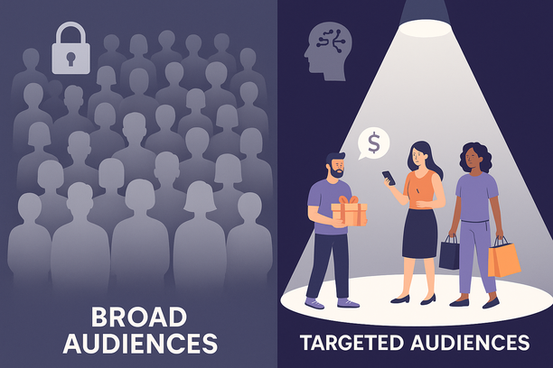 Scène divisée : d’un côté, une foule générique symbolisant les “audiences larges” ; de l’autre, un projecteur focalisé sur un petit groupe d’acheteurs aux signaux d’intention visibles (achats récents, panier moyen élevé, commandes fréquentes). Des icônes subtiles indiquent la confidentialité des données et le ciblage IA avancé.