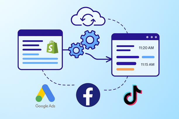Un workflow moderne et automatisé montrant des segments Shopify synchronisés en temps réel vers des plateformes publicitaires externes. Des engrenages, des icônes de synchronisation cloud et un tableau de bord horodaté illustrent l’automatisation, l’efficacité et la réduction des erreurs grâce à la suppression des exports CSV manuels.