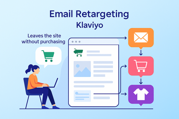Illustration attrayante d’un workflow de retargeting email avec Klaviyo : un utilisateur quitte une boutique en ligne sans acheter, déclenchant une série d’emails personnalisés représentés par des bulles colorées avec des icônes de panier et de produits, le tout relié par des flèches sur fond de tableau de bord e-commerce moderne.