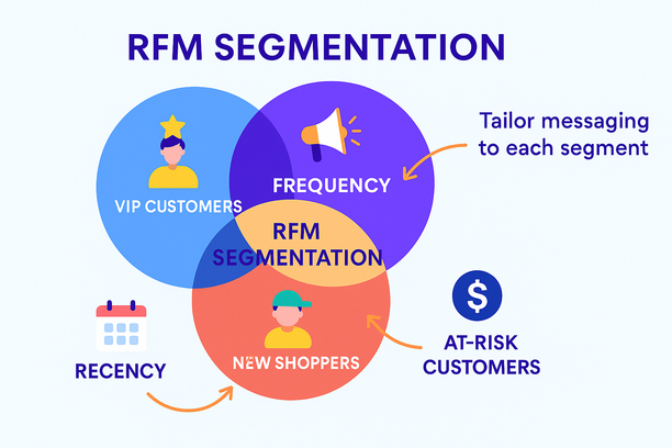 Illustration conceptuelle de la segmentation RFM : trois cercles croisés intitulés Récence, Fréquence et Montant, avec des icônes pour clients VIP, nouveaux acheteurs et clients à risque, montrant comment les marques adaptent leurs messages à chaque segment.