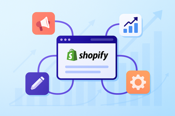 Illustration d’une boutique Shopify au centre, entourée d’icônes d’applications marketing, analytics, automatisation et design, reliées par des lignes, avec en arrière-plan des graphiques de données et des flèches évoquant la croissance et la fidélisation.