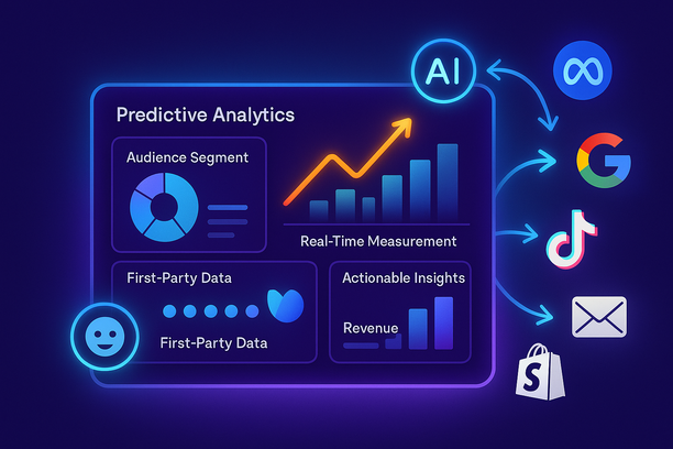 Tableau de bord dynamique d’IA avec analytics prédictifs, graphiques de segmentation d’audience, flèches de synchronisation vers Meta, Google, TikTok et des icônes email. Une icône d’assistant IA et des points de données propriétaires lumineux illustrent la mesure en temps réel et les insights exploitables pour le marketing Shopify.
