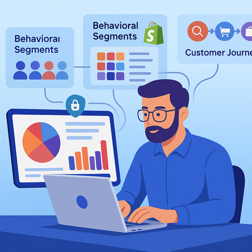 Une marketeuse moderne et data-driven analyse des données unifiées first party de Shopify sur un ordinateur portable, visualise des segments comportementaux, un scoring RFM et les étapes du parcours client avec des graphiques colorés, dans une approche privacy-first et pilotée par l’IA pour construire des audiences.