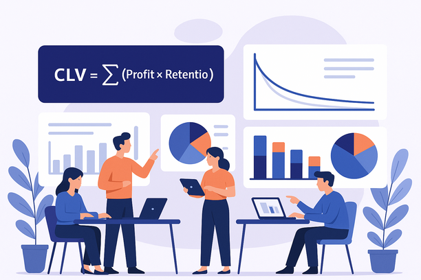 Une équipe marketing e-commerce pilotée par la donnée analyse la Customer Lifetime Value (CLV) grâce à des tableaux de bord et des graphiques d’analyse de cohortes. La scène montre des personnes collaborant autour de graphiques numériques affichant formules de CLV, courbes de rétention et découpages par segments sur ordinateurs portables et grands écrans, mettant l’accent sur la mesure et des insights actionnables.