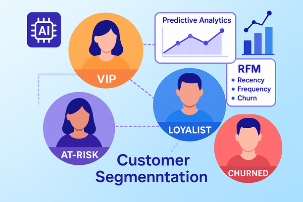 Représentation de la segmentation client en e-commerce : les clients sont regroupés en segments comme VIP, fidèles, à risque et churnés, sous forme de clusters colorés étiquetés. Des icônes d’IA et des graphiques d’analytique prédictive sont superposés, mettant en avant RFM (récence, fréquence, montant) et des prédictions de rachat et de churn via machine learning.