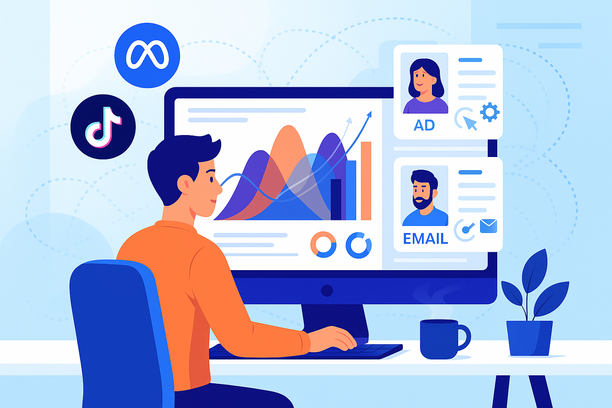 Un marketeur moderne devant un tableau de bord, visualisant des segments de données qui se chevauchent et des profils d’audience pilotés par l’IA pour la publicité et l’email, avec des graphiques numériques et des icônes Meta, Google, TikTok dans un espace de travail technologique.