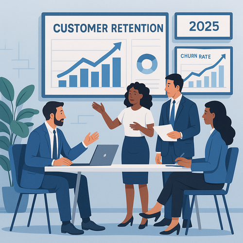 A modern business team analyzing customer retention data on digital dashboards, featuring graphs showing rising retention rates, customer lifetime value, and churn rates. The setting is an office with diverse professionals collaborating and discussing strategies, emphasizing the importance of customer retention for profitability in 2025.