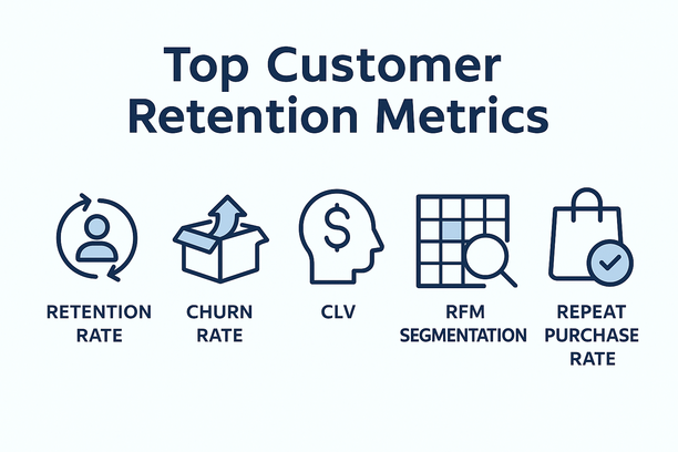 A concise, visually engaging infographic highlighting the top customer retention metrics: retention rate, churn rate, CLV, RFM segmentation, and repeat purchase rate. Each metric is represented with simple icons and short descriptions, arranged clearly for easy understanding. The color scheme is clean and modern, reflecting focus and clarity.