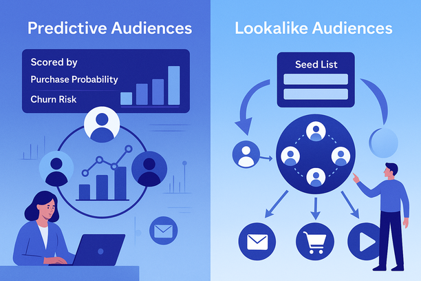 Illustration en écran partagé : d’un côté des audiences prédictives scorées par probabilité d’achat et risque de churn, de l’autre des audiences lookalike étendues à partir d’une liste de seed, avec des graphiques futuristes et des icônes cross‑canal.