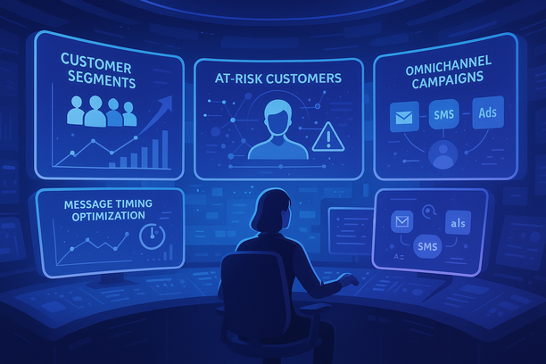 A futuristic marketing control room where AI-powered software visualizes dynamic customer segments and predictive analytics. Screens show AI identifying at-risk customers, optimizing message timing, and coordinating omnichannel campaigns (email, SMS, ads). The atmosphere conveys innovation, automation, and the strategic use of AI in customer retention.