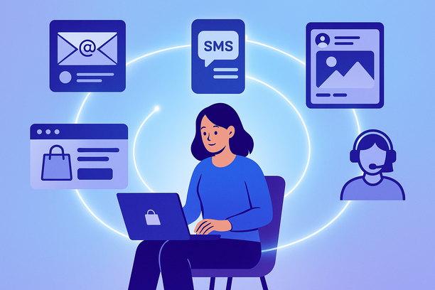 Parcours client multicanal fluide : un acheteur interagit avec email, SMS, publicités sociales, site personnalisé et service client, le tout unifié par un marketing alimenté par l’IA.