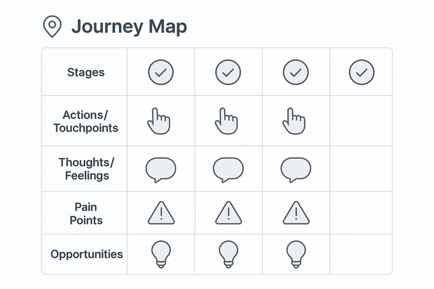 Modèle de journey map avec cinq couches : Étapes, Actions/Points de contact, Pensées/Ressentis, Points de douleur, Opportunités. Des icônes simples – ampoule pour les opportunités, panneau d’alerte pour les problèmes – favorisent la clarté et l’action.