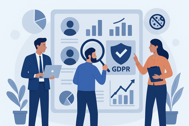 Une équipe e‑commerce moderne analysant des données clients pour la segmentation, avec graphiques, profils utilisateurs et tableaux de bord numériques. Met en avant les sources de données first‑party, la conformité RGPD et l’abandon des cookies tiers dans un cadre professionnel et épuré.