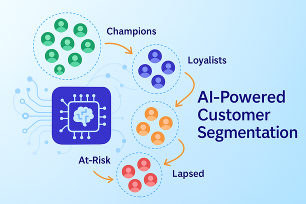 Segmentation client pilotée par l’IA, visualisée par des grappes d’icônes regroupées selon des comportements comme achats récents, fréquence et dépenses. Montre la dynamique entre segments (Champions, Fidèles, À risque, Inactifs), avec des motifs d’IA/apprentissage automatique et des ajustements prédictifs en temps réel.