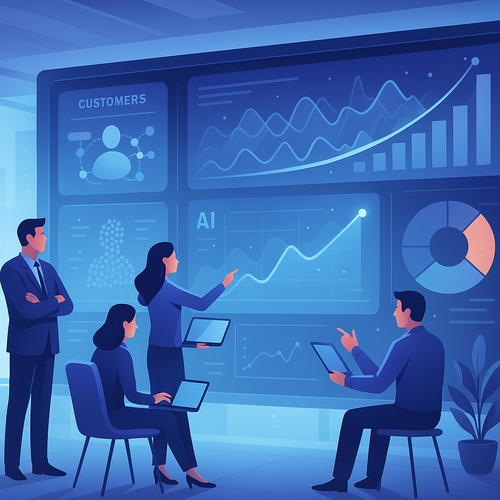 Une équipe marketing moderne analysant un grand tableau de bord numérique rempli de points de données clients, de graphiques alimentés par l’IA et de visualisations d’analyses prédictives dans un bureau futuriste et lumineux.