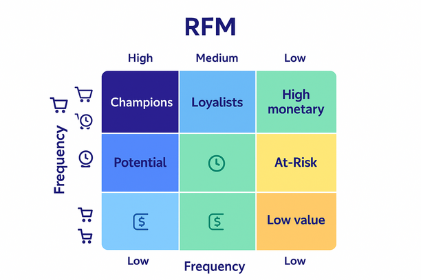 Illustration claire du modèle de segmentation RFM : une matrice simple montrant des clients scorés selon Récence, Fréquence et Valeur monétaire. Mettez en avant des segments clés comme « Champions », « Fidèles » et « À risque », avec un code couleur et des icônes e-commerce (panier, dollar, horloge) pour différencier visuellement les groupes.