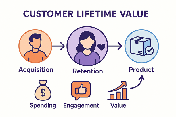 A stylized infographic illustrating Customer Lifetime Value (CLV): a flowchart showing a customer journey from acquisition to retention, with icons for spending, engagement, and product use. Connection between acquisition, retention, and product strategies is highlighted, emphasizing value over time with clear, modern visuals.