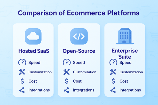 A modern, visually engaging comparison chart of ecommerce platform types: Hosted SaaS, open-source, and enterprise suites. Each platform is depicted with recognizable icons and visual cues (e.g., cloud for SaaS, code brackets for open-source, tall building for enterprise), highlighting key differences such as speed, customization, cost, and integrations. Clean, business-focused style with subtle digital and retail motifs.