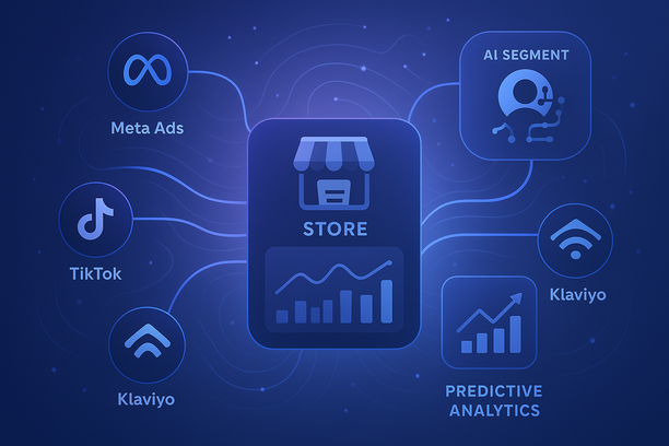 A dynamic illustration of data activation for ecommerce growth: a central online store dashboard surrounded by flowing data lines connecting to ad platforms, AI-driven audience segments, and analytics charts. Icons for Meta Ads, Google Ads, TikTok, Klaviyo, and predictive analytics emphasize automation, segmentation, and privacy compliance. Futuristic, tech-forward look with actionable insights.
