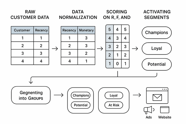 Un workflow clair, étape par étape, pour calculer et utiliser le RFM. Montre les données clients brutes, la normalisation, le scoring RFM (exemples sur une échelle 1–5), la segmentation en groupes comme Champions, Fidèles, À risque, puis l’activation via email, ads et web, avec un design moderne et des flèches.