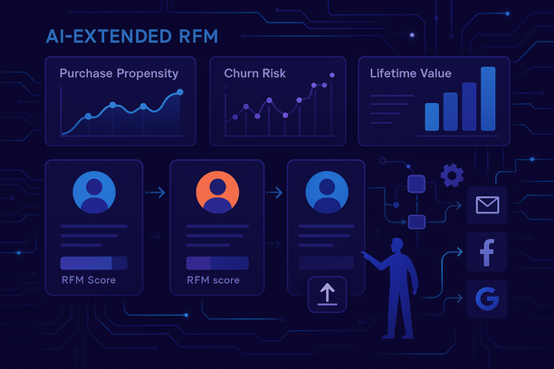 Un tableau de bord dynamique piloté par l’IA illustrant comment l’IA étend le RFM : graphes prédictifs de propension d’achat, risque de churn et valeur vie, profils clients mis à jour en temps réel, mouvements automatisés entre segments, parcours personnalisés déclenchés par les changements de score RFM, et export vers les canaux marketing. Style digital orienté tech.