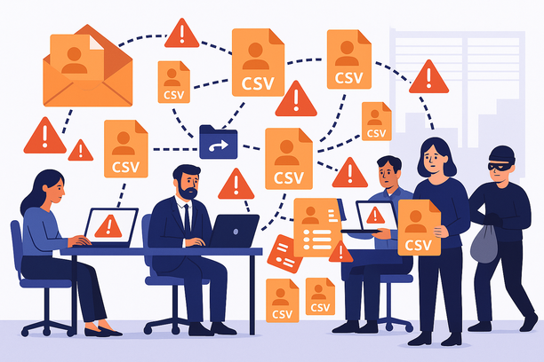Un bureau animé où des personnes multiplient des fichiers CSV contenant des données clients ; des symboles d’avertissement soulignent les risques de confidentialité et de sécurité comme le vol et la perte.