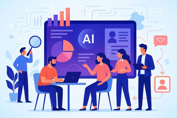 Une équipe marketing moderne collabore autour d’un tableau de bord digital affichant des graphiques dynamiques et des segments d’audience pilotés par l’IA. Des repères visuels montrent des flux de données allant sans friction de l’analyse à l’action, avec des messages personnalisés diffusés sur plusieurs canaux. L’environnement, lumineux et tourné vers la tech, met en valeur à la fois la créativité humaine et l’intelligence machine.