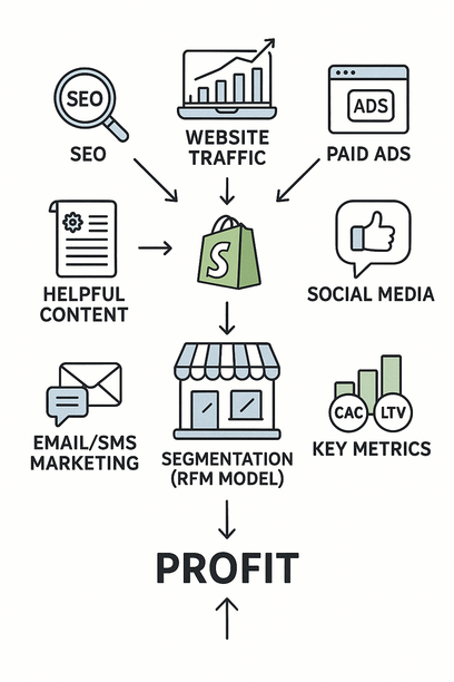 Schéma en flux visualisant le chemin du trafic au profit pour une boutique Shopify : des icônes SEO, contenu utile, publicités payantes et réseaux sociaux alimentent la boutique ; des flèches mènent vers l’email/SMS, la segmentation (modèle RFM) et des KPI comme CAC et LTV, montrant comment le marketing data-driven augmente la rentabilité.