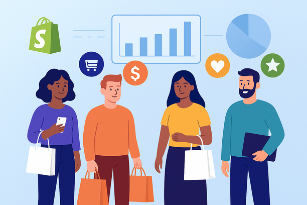 Un groupe diversifié d’acheteurs en ligne, chacun mis en évidence par une couleur différente pour représenter des segments clients distincts, avec des icônes au-dessus illustrant des comportements comme achats fréquents, dépense élevée et fidélité à la marque. En arrière-plan, l’univers Shopify et des graphiques de données illustrent la segmentation du marché.