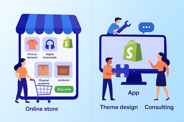 Illustration en split-screen opposant deux façons de gagner sur Shopify : à gauche, une boutique en ligne moderne avec produits physiques, articles en impression à la demande et téléchargements numériques ; à droite, des personnes qui créent des applications, conçoivent des thèmes et proposent du conseil, le tout connecté à l’écosystème Shopify. Style propre et pro, avec un branding Shopify discret.