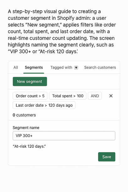 A step-by-step visual guide to creating a customer segment in Shopify admin: a user selects 'New segment,' applies filters like order count, total spent, and last order date, with a real-time customer count updating. The screen highlights naming the segment clearly, such as 'VIP 300+' or 'At-risk 120 days.'