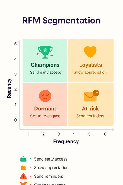 A vibrant infographic illustrating RFM (Recency, Frequency, Monetary) segmentation: customers scored 1-5 on each axis, grouped into Champions, Loyalists, At-risk, and Dormant. Icons show tailored actions, early access for Champions, reminders for At-risk, and re-entry offers for Dormant, demonstrating how to prioritize and personalize outreach.