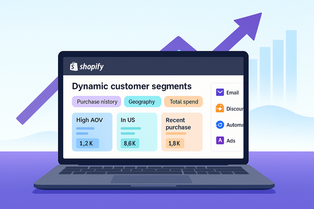 A modern Shopify admin dashboard on a laptop screen, showing dynamic customer segments with colorful filters such as purchase history, geography, and total spend. Visual cues indicate segments auto-updating and syncing across email, discounts, automations, and ads. The background suggests ecommerce growth and data-driven strategy.