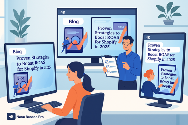 A vibrant creative workspace where marketers use Nano Banana Pro to generate high-resolution marketing visuals. The image shows monitors displaying 4K images with clear, integrated text, designers adjusting and validating AI-generated banners, and a seamless workflow from ideation to final visual production.