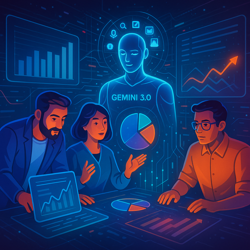 A futuristic marketing team collaborating with an advanced AI assistant, Gemini 3.0, surrounded by holographic dashboards, charts, and multimodal data streams. The scene highlights humans working alongside AI, with the AI visualized as a digital copilot helping analyze and plan marketing campaigns.